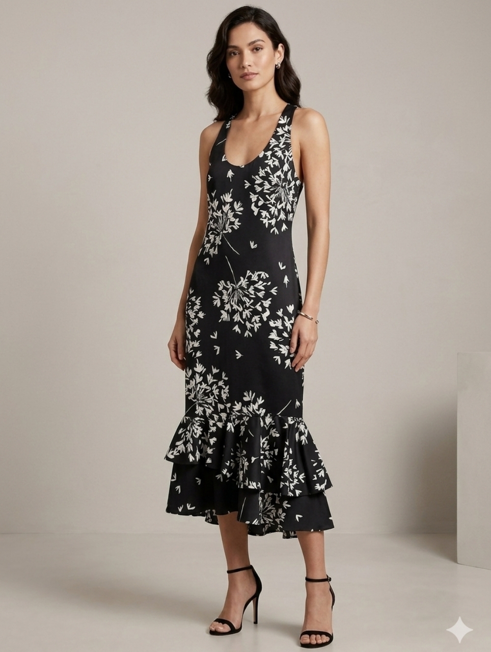Babana Republic  Black Dress with White Floral Print and Ruffle Hem Sz 6 tall